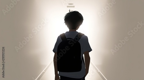 A young boy with a backpack approaches a bright light at the end of a hallway creating a sense of anticipation and curiosity in the quiet environment