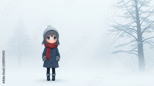 A girl dressed warmly in a coat scarf and hat calmly stands in a misty winter landscape surrounded by snow covered trees reflecting a serene atmosphere