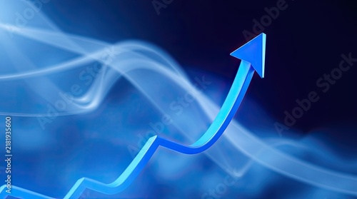 An upward arrow symbolizes business growth and trend analysis. The blue abstract background enhances the focus on the progress. Charts indicate positive performance
