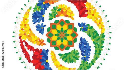 Vibrant floral Pookalam pattern with colorful swirling flower petals in symmetric circular arrangement on clean white background, concept for traditional Onam festival celebration, Indian decor and