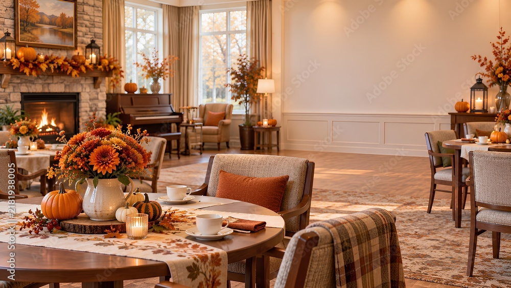Fototapeta premium 秋の装飾が施された温かみのあるリビングと暖炉の風景 / Warm living room decorated with autumn theme and a fireplace (Generative AI)