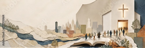 People walking from open bible through city landscape toward glowing church with cross. Christian faith journey concept in paper cut collage style.