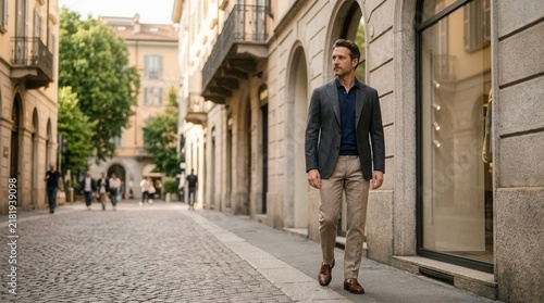 Confident Man Striding Down European Cobblestone Street