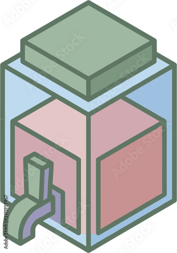 Isometric dispenser icon with muted pastel colors, water or beverage