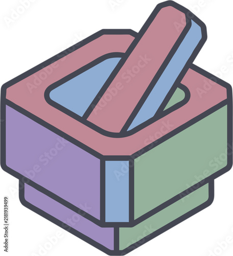 Isometric illustration of a colorful mortar and pestle, a simple