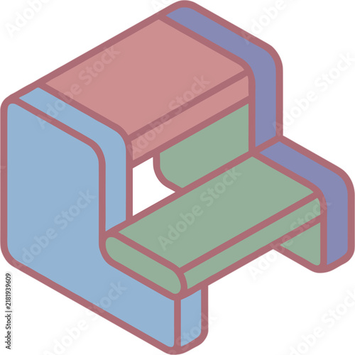 Isometric step stool with pastel colored sections, simple clean