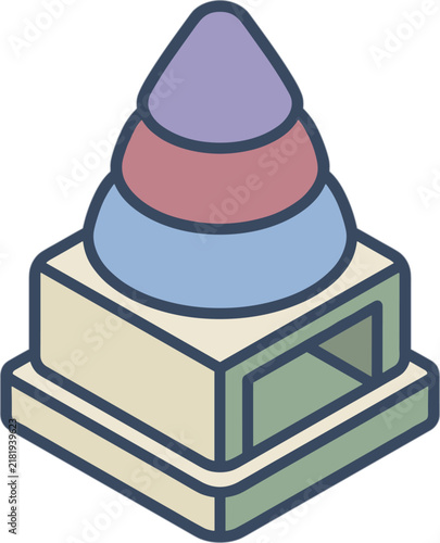 Isometric stylized stackable toy pyramid with pastel colors, simple