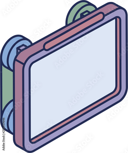 Isometric view of a purple and pink digital tablet with a light blue