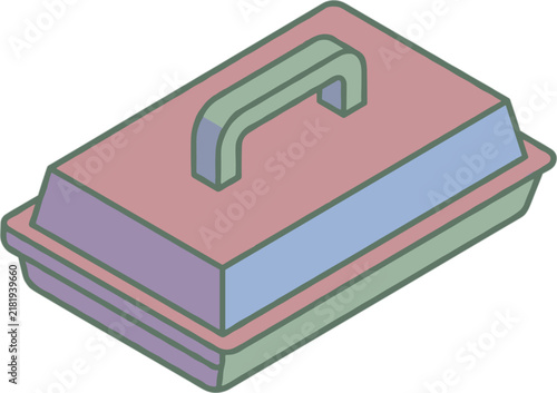 Rectangular food container with handle, lid, isolated isometric view