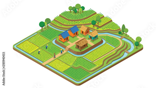 Vibrant isometric rice field icon illustration with green terraced paddies, village houses, irrigation channels and trees, representing sustainable Asian agriculture and rural ecosystem for