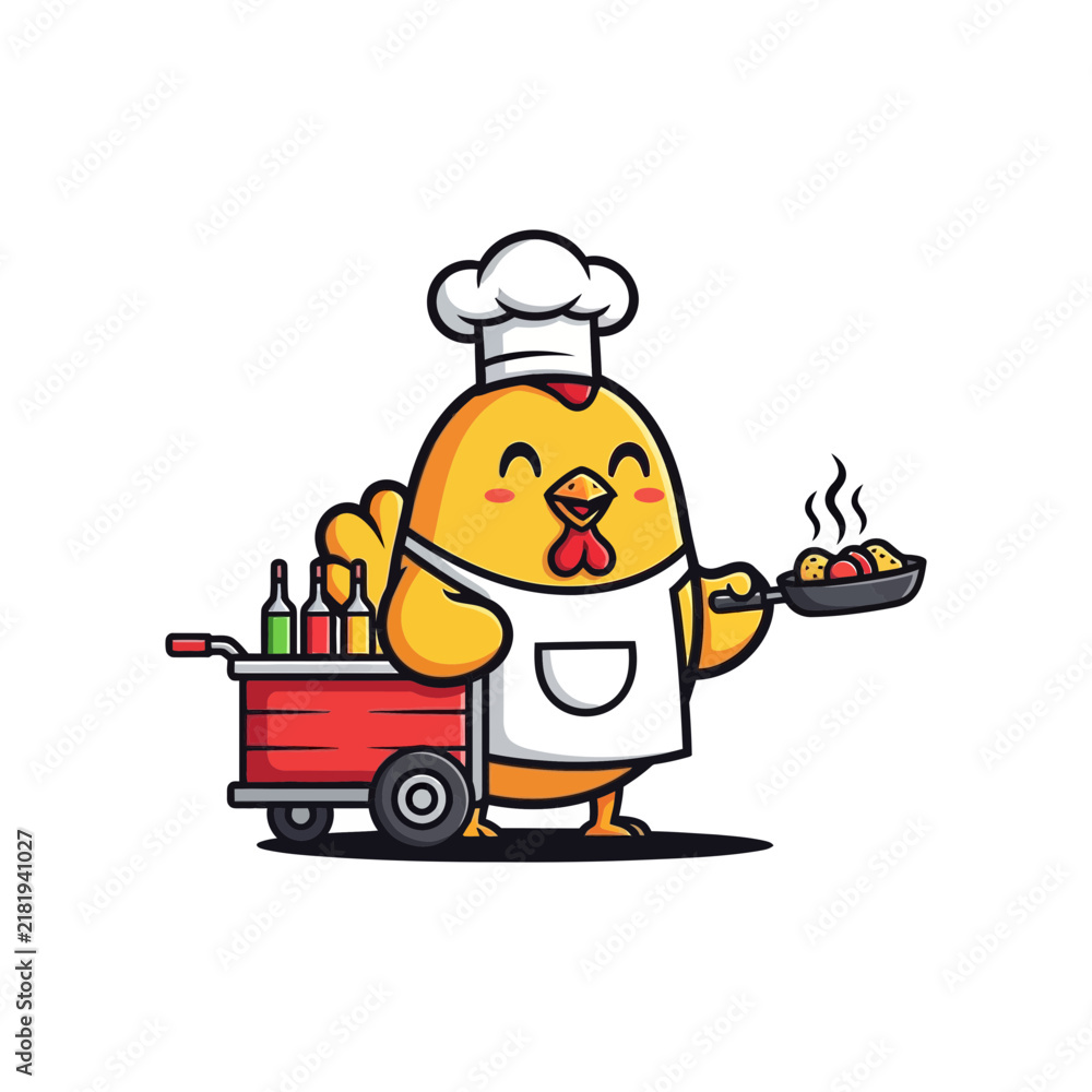 Obraz premium Cute chicken chef with red street food cart holding a hot frying pan, concept for street restaurant logo, ideal for food truck branding and menu design