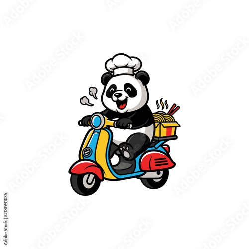 Playful panda chef mascot on a colorful delivery scooter with hot noodle takeout box concept for street restaurant logo design and fast Asian food service branding