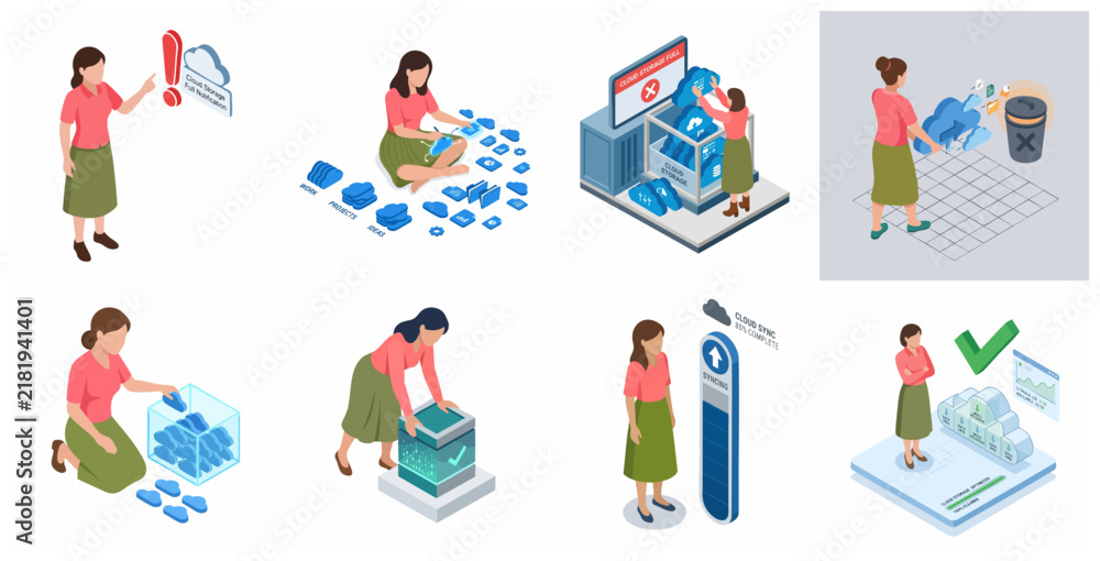Naklejka premium Isometric Vector Illustrations of Woman Managing Cloud Computing and Online Data Storage Services