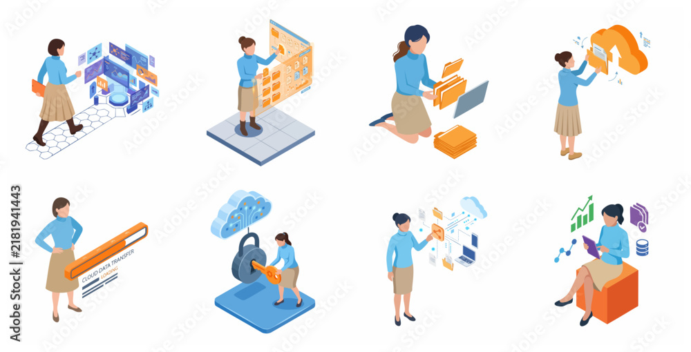 Fototapeta premium Set of isometric illustrations featuring a woman managing cloud data, digital files, and cyber security.