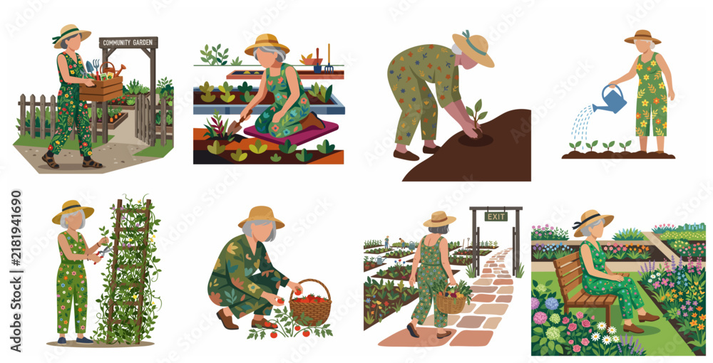 Fototapeta premium Set of senior woman gardening in community garden, planting, watering, and harvesting vegetables, flat vector illustrations of active retirement and hobby.