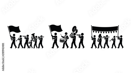 Collection marching band with musicians, flags, drums, banners in on background, for music, parade, celebration themes
