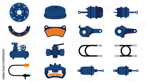 Modern automotive icon set with flat blue truck parts icons including brake pads, rotors, and chambers, concept for heavy transport maintenance, suitable for mechanic shop branding and auto catalog