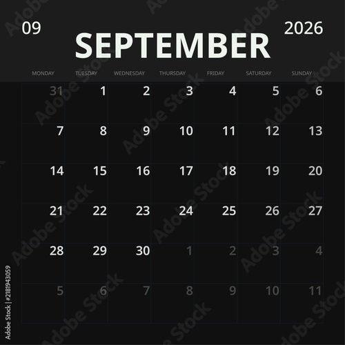 September 2026 English Black Minimalist Monthly Desk Pad Calendar Clean Standard Grid Layout (Compatible with 2037 and 2043).
