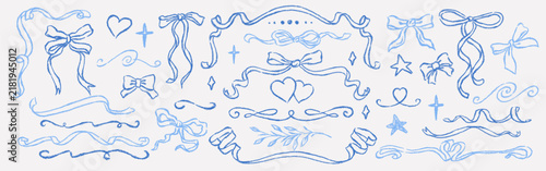 Hand drawn blue crayon set with bows, flowing ribbons, hearts, stars, leaf branch and decorative flourishes for wedding, invitation, scrapbook and stationery designs.