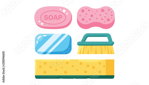Bathroom cleaning and personal hygiene vector set featuring soap bars cleaning sponge scourer and scrub brush flat illustration