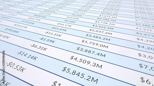 Closeup financial income table and accounting document on screen, live business sale data analysis spreadsheet, company balance sheet finance number statement, product market revenue statistics report