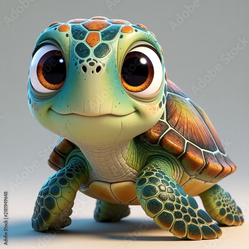 Cute cartoon turtle with big eyes and textured shell. This adorable digital character is friendly and happy, perfect for kids apps and storybooks.
