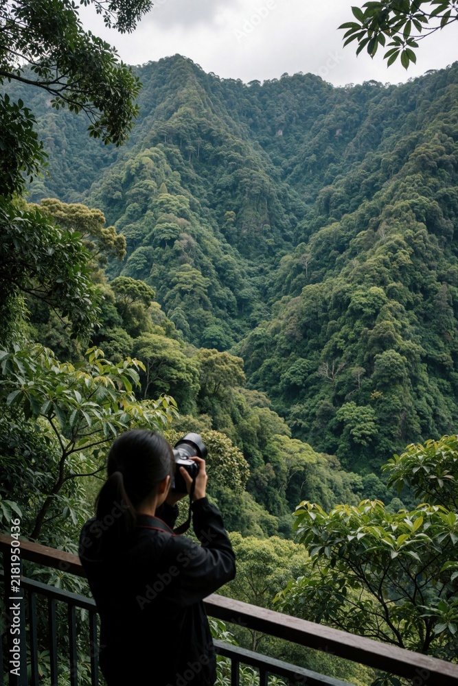 Obraz premium Young woman photographer uses digital camera to take photo of green mountains. Female traveler explores forest landscape, scenic wilderness. Hobbyist captures nature views from wooden balcony in