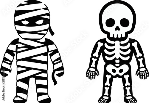 Halloween icon set featuring a mummy and a skeleton character in black and white style