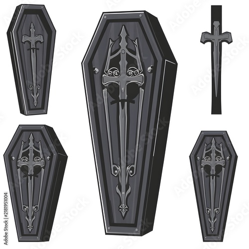 Black ornate coffins with sword designs