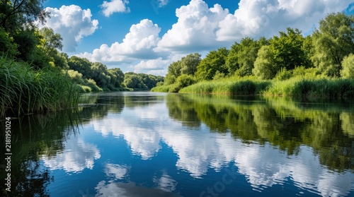 Calm river reflects white clouds, blue sky in summer. Green trees, tall grass grow along banks. Peaceful landscape with clear water surface shows beautiful nature scenery in wild forest area. Serene