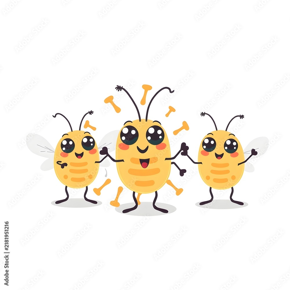 Fototapeta premium Three cartoon bees holding hands and smiling