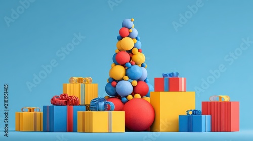 A stylized christmas tree made of colorful spheres with gift boxes on a blue background