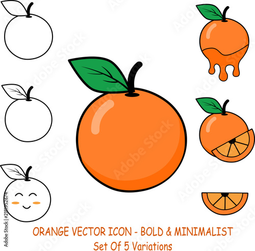 Orange vector icon set with bold line and minimal style, including sliced oranges, dripping juice, outline, and cute face variation