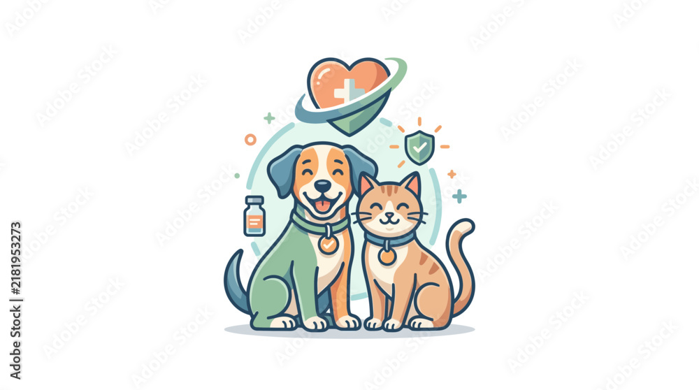 Fototapeta premium Happy dog and cat surrounded by pet health icons.