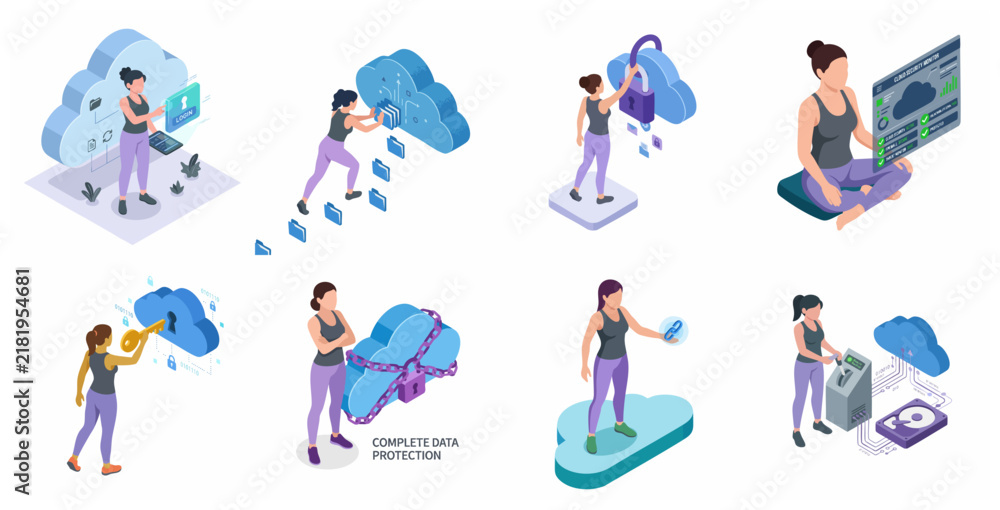 Fototapeta premium Isometric Cloud Security and Data Protection Illustration Set Featuring a Woman Managing Secure Cloud Storage and Monitoring Systems