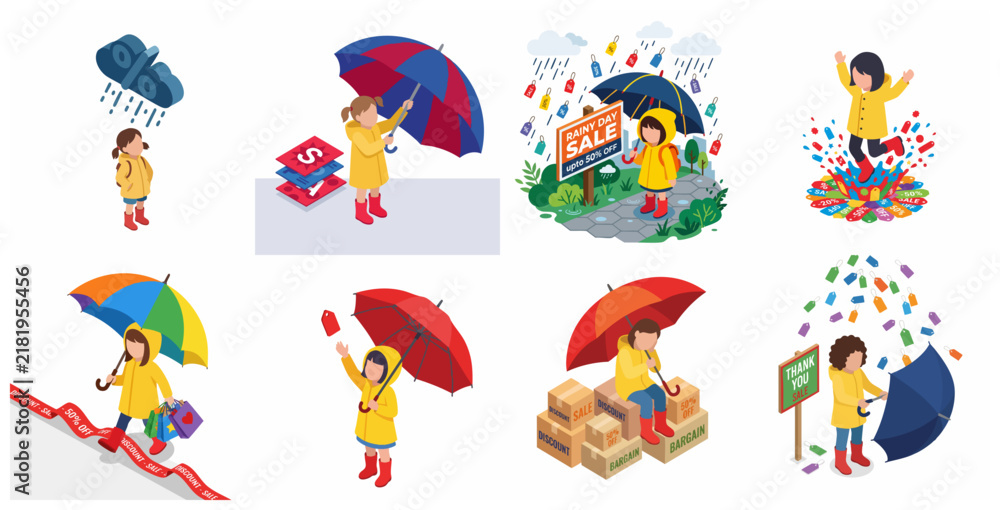 Fototapeta premium Isometric set of a little girl in a yellow raincoat with umbrellas and discount tags for rainy day sale marketing
