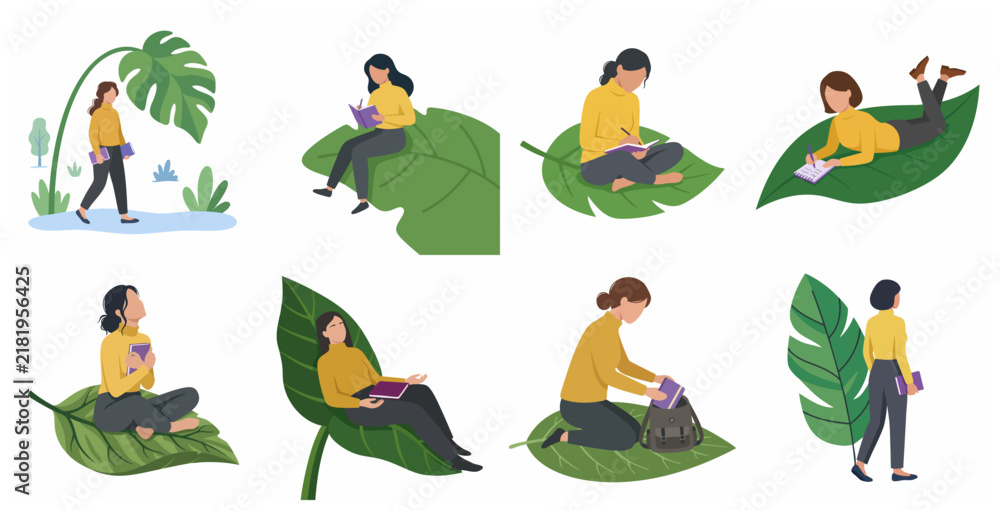 Fototapeta premium Set of flat illustrations of a woman student reading, writing, and relaxing on giant green leaves, nature and education concept