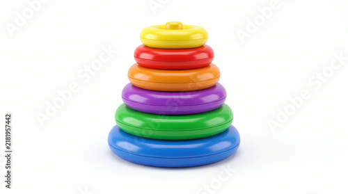 Colorful plastic stacking ring toy for toddlers on a white background