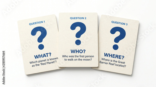 Three question cards with bold blue question marks for quiz or game