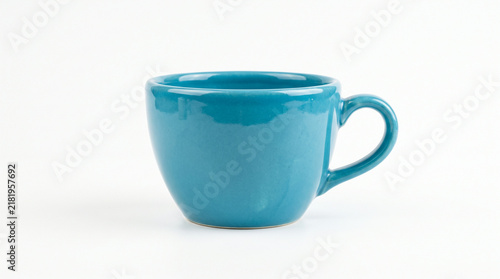 Blue ceramic coffee cup isolated on white background for beverage and cafe design
