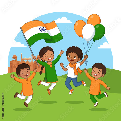 Joyful Children Celebrate India's Independence Day With Flag And Balloons