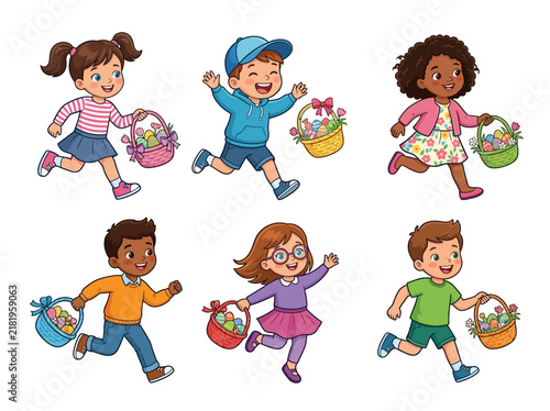 Joyful Children Carrying Easter Baskets In A Festive Celebration