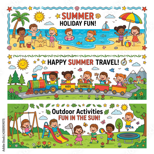 Joyful Children Enjoying Summer Activities Beach Train Park Scenes