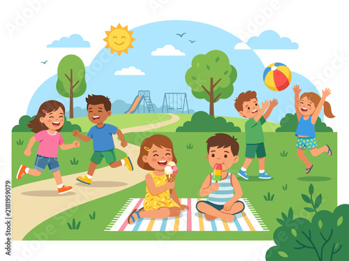 Joyful Children Enjoying a Sunny Day Outdoor Playground Fun And Ice Cream Treats