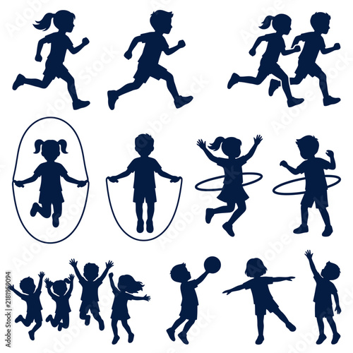 Joyful Children Silhouettes Active Play Diverse Energetic Group Scenes