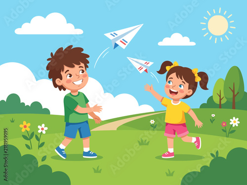 Joyful Children Launching Paper Airplanes On A Sunny Day