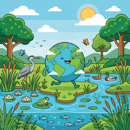 Happy Earth Character Running In A Vibrant Nature Scene