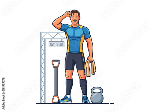 Happy Fit Man After Gym Workout With Towel And Equipment