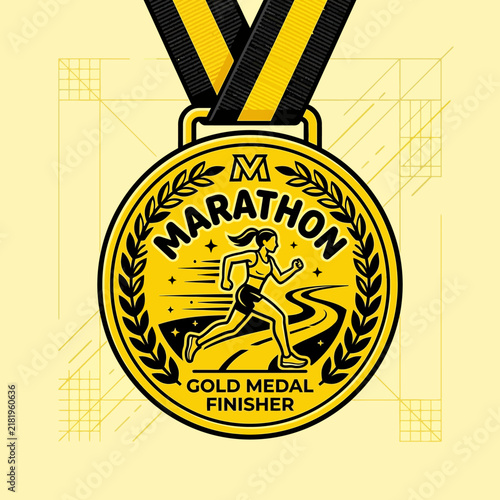 Gold Medal Marathon Runner Award Trophy Winner Symbol Vibrant Athletic Achievement Recognition