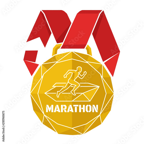 Golden Marathon Achievement Medal With Red Ribbon Award Trophy
